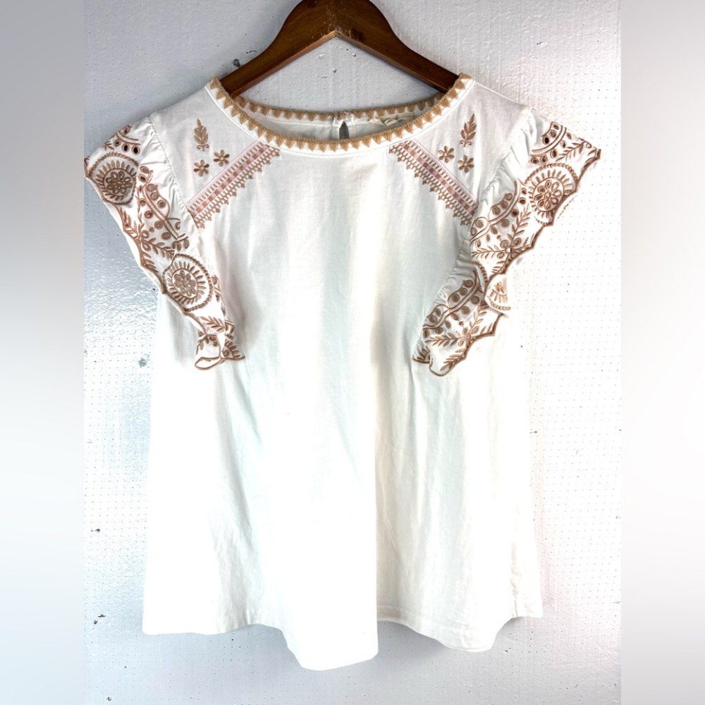 Easel L Girls Peasant White Blouse with Pink n Brown Embroidery in Cutwork Lace